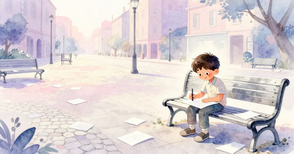 米洛在夕陽餘暉下靜謐廣場創作,溫暖光線灑落在散落的紙屑和長椅上,滿懷喜悅與平靜。