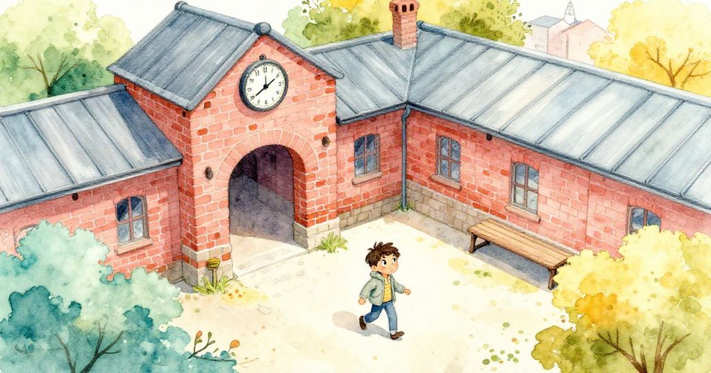 Lucas 從鳥瞰視角踏入充滿磚牆和鐵頂的車站庭院，時鐘剛響過十點，表情充滿好奇與期待。