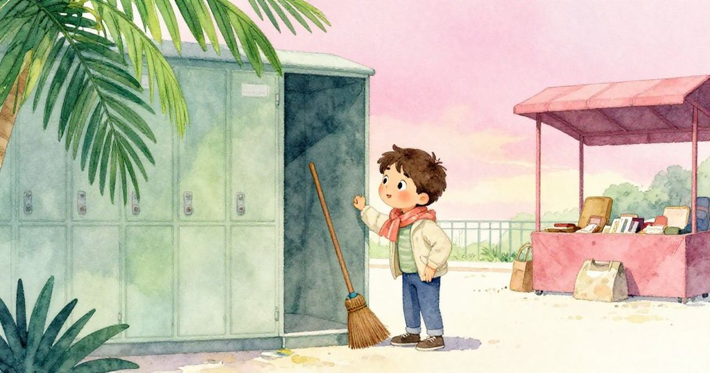 Lucas 在空曠角落中仔細搜尋書攤位置，背景為行李櫃和遺留的小物件，表情充滿期待與疑惑。