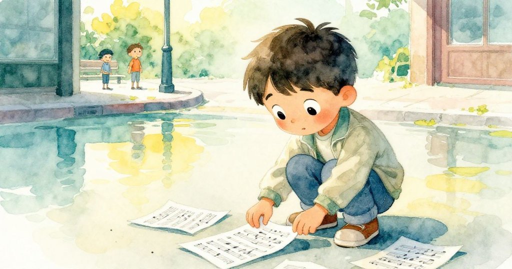 Lucas 蹲下撿起被風吹散的樂譜，倒映在水面上，眼神中流露著驚喜與關心，細節豐富生動。