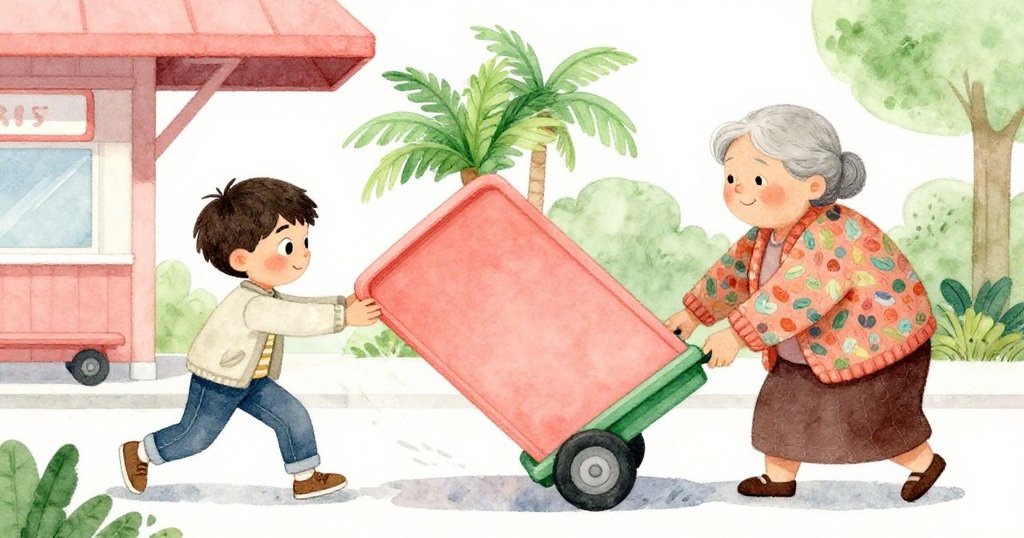 Lucas 與灰髮老太太合作穩住傾斜的書車，背景中旅客匆忙，一起展現出緊張卻溫暖的合作情感。