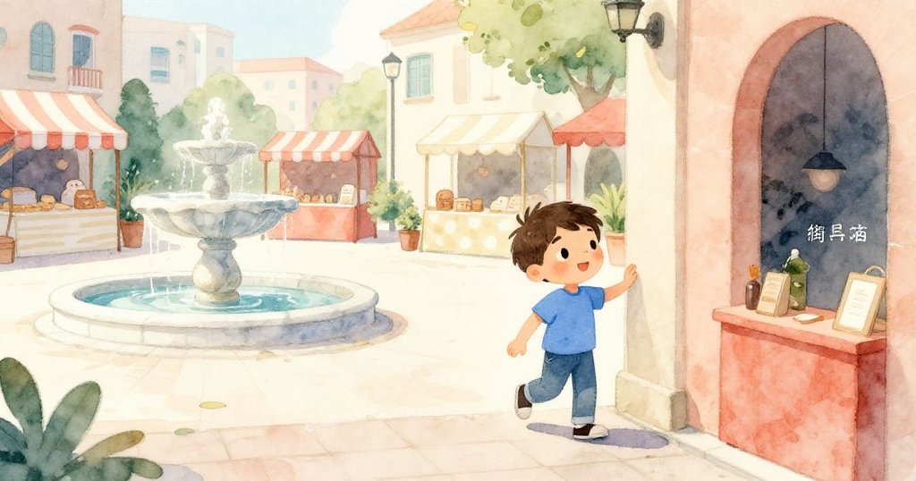Leo手持繪圖板走出狹窄拱廊進入露天廣場，背景有大理石噴泉和市集，表情充滿期待與活力。