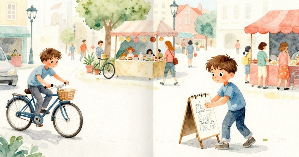 Leo在擁擠廣場中差點與自行車手碰撞，左側動態場面表現危險瞬間，右側迅速調整姿態穩住繪圖板，環境熱鬧。