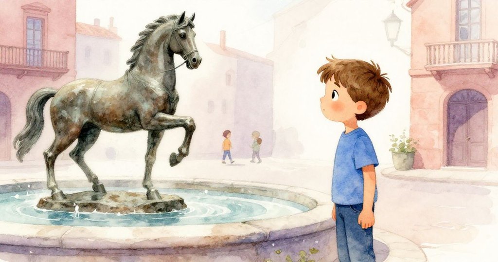 Leo靜靜凝視著噴泉旁的青銅騎馬雕像，過去與現實交織，色調變化呈現懷舊與思索氛圍。