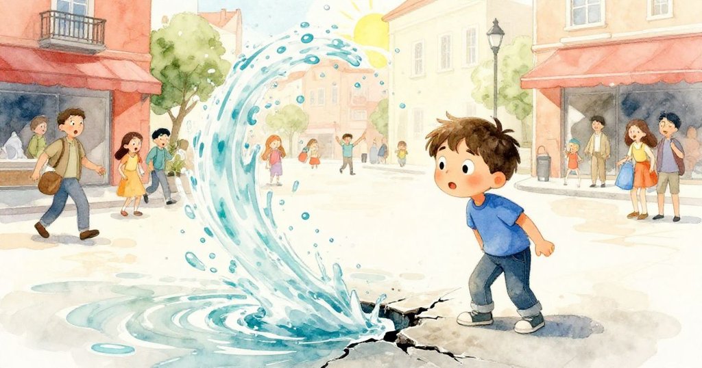 Leo驚奇地看著噴泉水從裂縫中形成螺旋狀，周圍行人驚喜與快樂，陽光熠熠照耀著廣場。