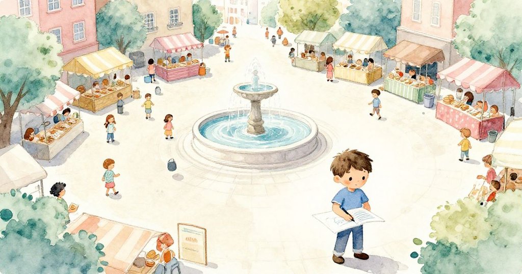 在熱鬧廣場的高角度全景中，Leo專注完成畫作，眾人熙熙攘攘，城市元素充滿活力與和諧。