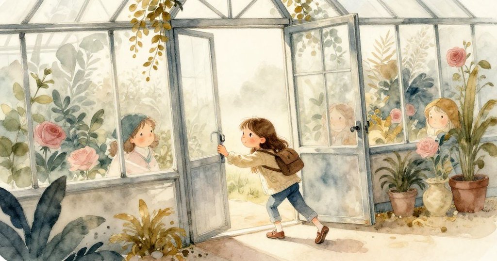 Lena 推開玻璃溫室鋁門，晨光透進室內，她背著相機邁步前行，神情既好奇又期待。