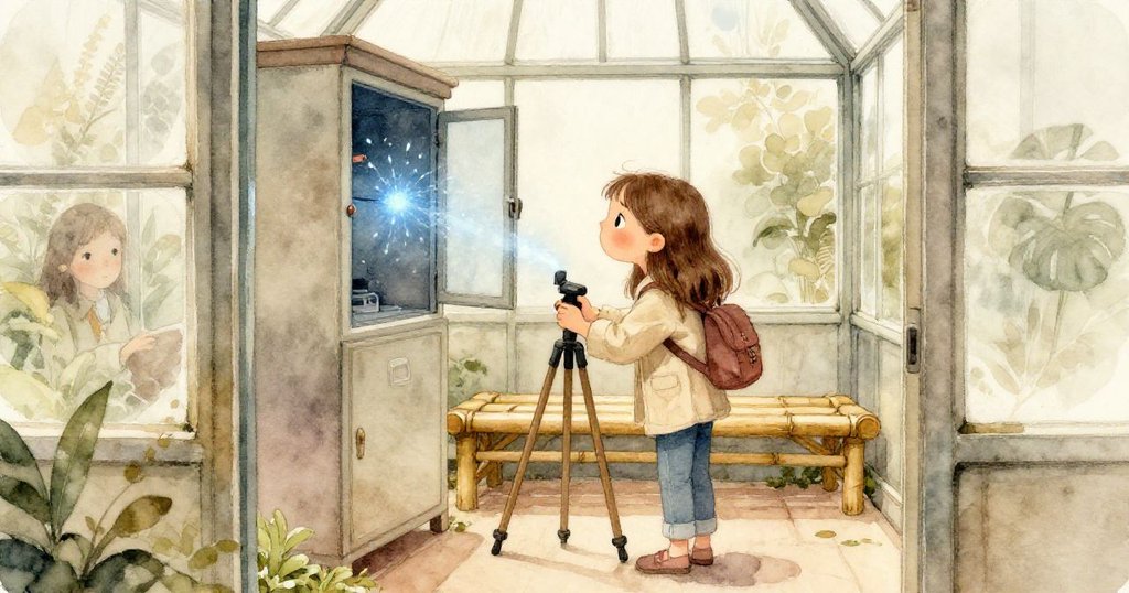 Lena 站在竹椅旁調整三腳架，注意到維護箱旁閃爍藍光，神情充滿好奇與一絲緊張。