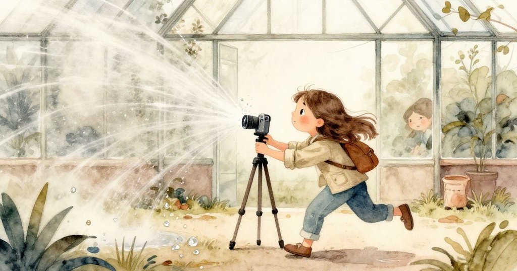 Lena 快速彎腰調整三腳架，水柱和霧氣突然襲來，她面露驚慌急忙保護相機，情境充滿動感。