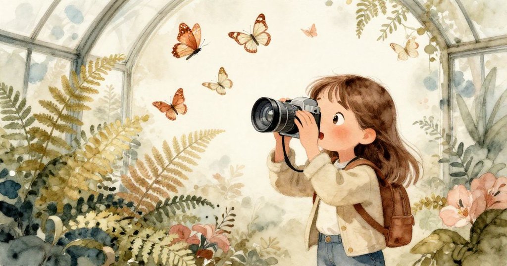 Lena 在蕨葉遮蔽下擦拭模糊相機鏡頭，驚喜仰望舞動的銅色與奶油蝴蝶，神情平靜充滿驚奇。