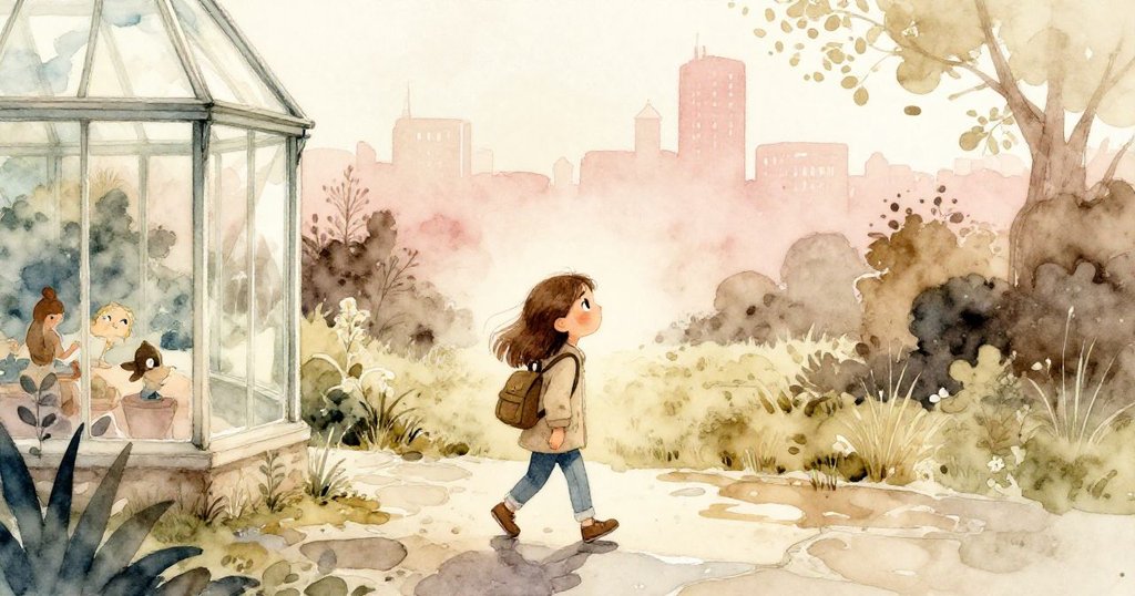 Lena 穩步走在布滿水跡的石徑上，離開混亂溫室後望向遠方新地平線，充滿期待與希望。