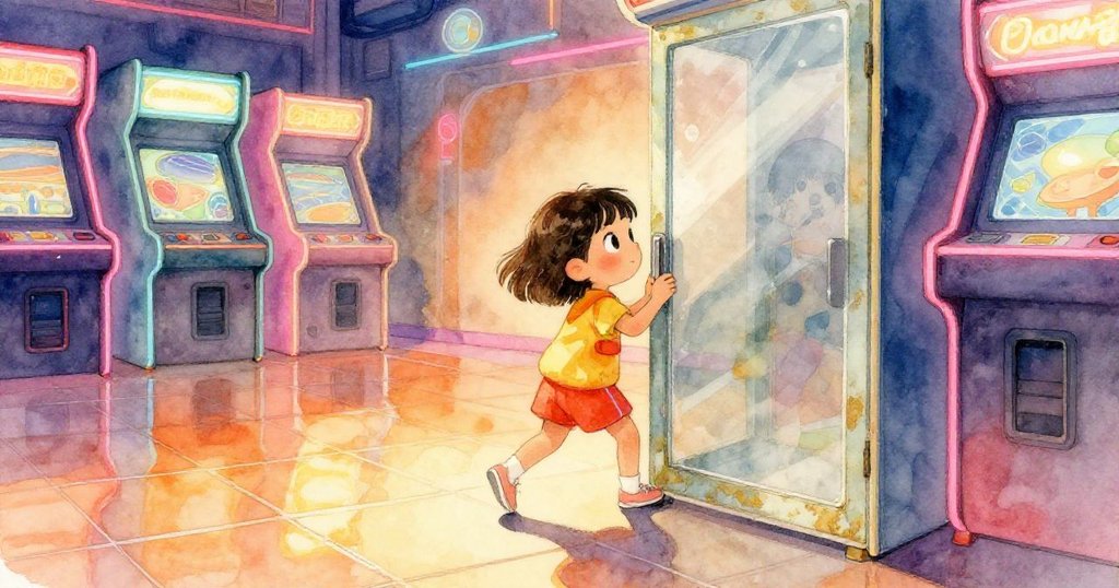 Mira興奮地推開褪色玻璃門進入霓虹閃爍的遊戲廳，地磚映出斑斕光影，展現期待與好奇的心情。