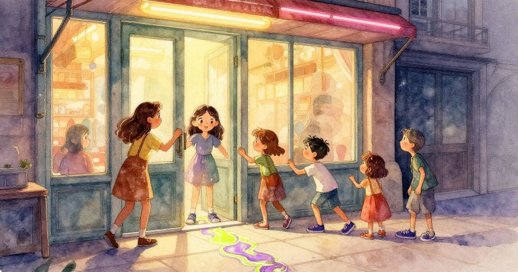 Mira凝視著映出紫與萊姆綠霓虹光的地面，眼神中流露出驚奇與專注，展現探索新奇冒險的情懷。