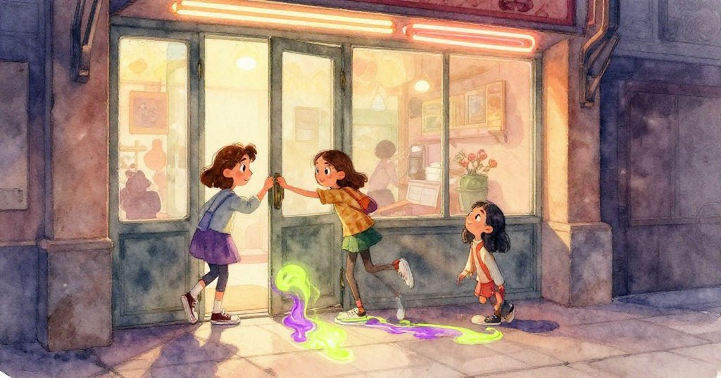 從Mira視角看到抓娃娃機上毛絨豪豬與旋轉獎票，霓虹燈光交織出夢幻與動感，充滿好奇與探索情懷。