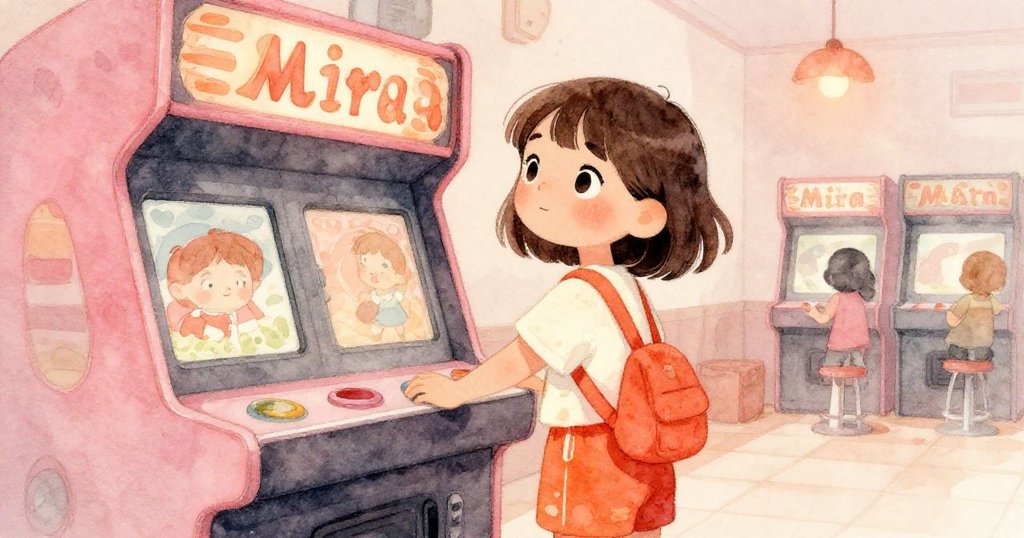 Mira回憶中注視復古遊戲機，柔和粉橙與淡褐光影交織，喚起溫馨懷舊情懷與夢幻過往。