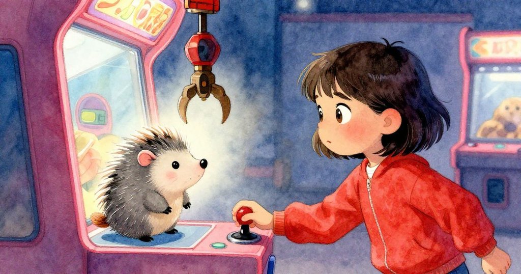 Mira緊握操作桿，注視著抓手輕觸毛絨豪豬，霓虹燈下現出緊張懸念瞬間，充滿專注與期待情緒。