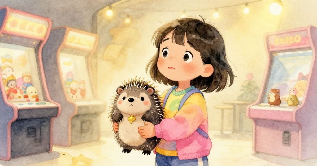 Mira滿懷喜悅捧著毛絨豪豬獎品，臉上洋溢欣慰笑容，背景中溫柔燈光營造出成功與希望的美好氛圍。