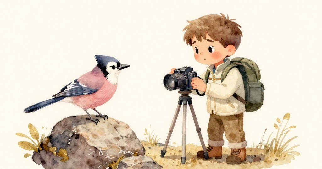 Silvio設置相機與三腳架,一隻山藍鳥停在相機上,羽毛輕飄,象徵自然與時間的美好瞬間。