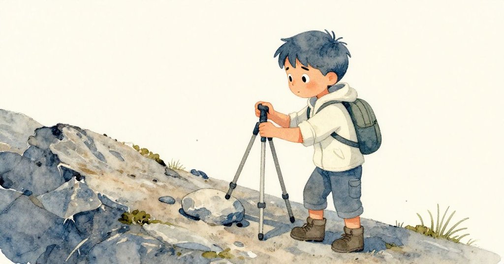 從肩後視角看Silvio專注移動石塊、調整三腳架,背景為岩草交錯的山脊,流露專注神情。