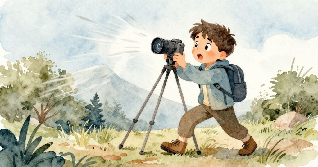 Silvio因風起顫動三腳架而神情吃驚,動作迅速調整相機,背景映襯高山草原,表現出挑戰時刻。