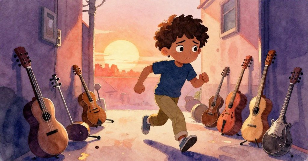 Leo急速穿過後台走廊，鞋子與倒塌樂器支架擦碰，背景散落的樂器與推車營造出緊張氣氛。