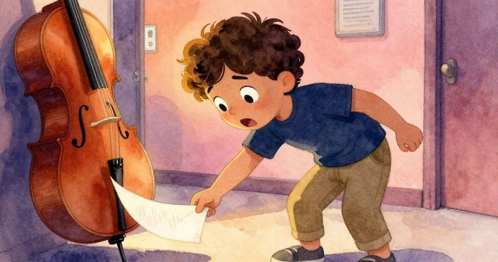 在後台昏黃光線下，Leo彎腰撿起滑落的樂譜，臉上展現驚喜與安心，細節豐富充滿溫情。