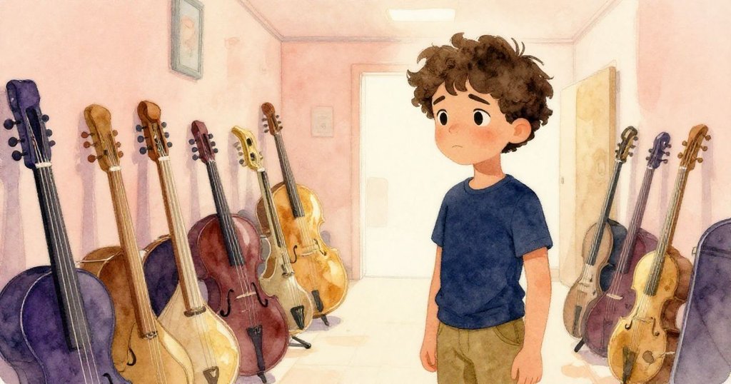 Leo在懷舊柔光中凝視整齊回復的後台走廊，樂器有序排列，臉上露出溫柔且感慨的神情。