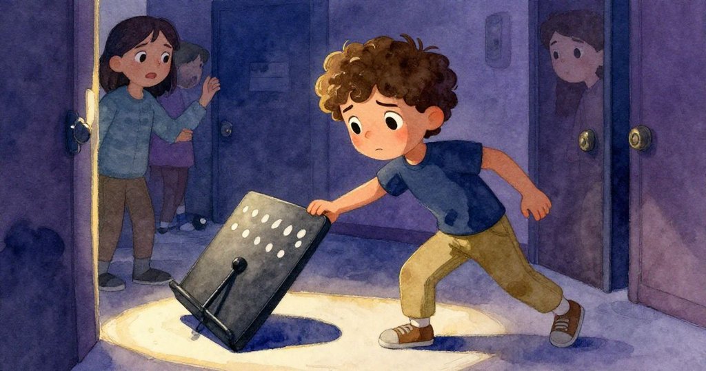 在後台微光中，Leo努力推開倒塌音架，眉宇間寫滿掙扎與堅定，環境依舊帶有些許混亂。