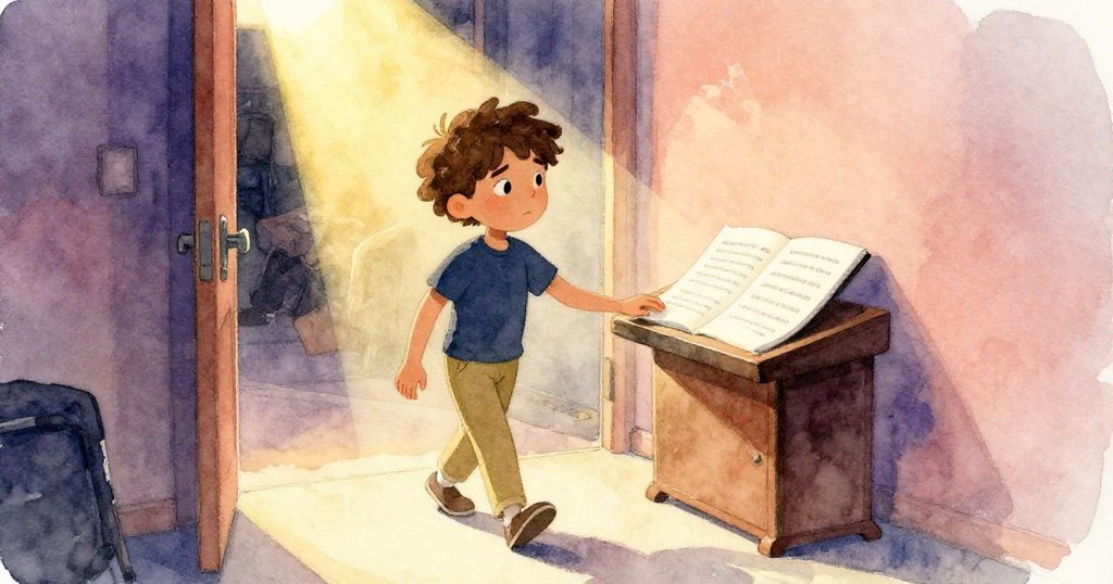 Leo穿過昏暗後台門，將完整樂譜放在指揮桌上，臉上展現釋然與喜悅，迎向新希望。