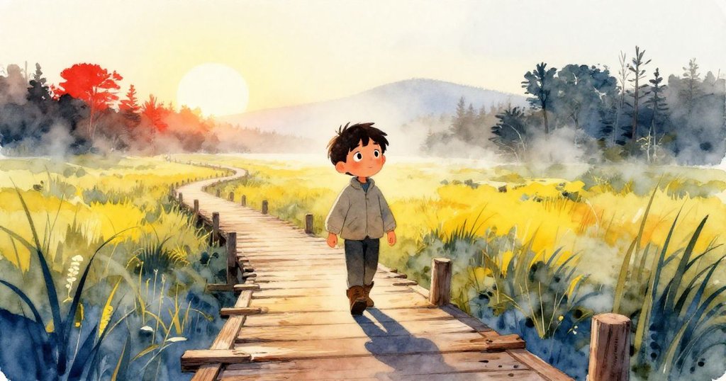 伊萊斯在晨曦中踏入搖晃的木板步道，露出期待的神情，晨霧繚繞，環境充滿清新自然氣息。