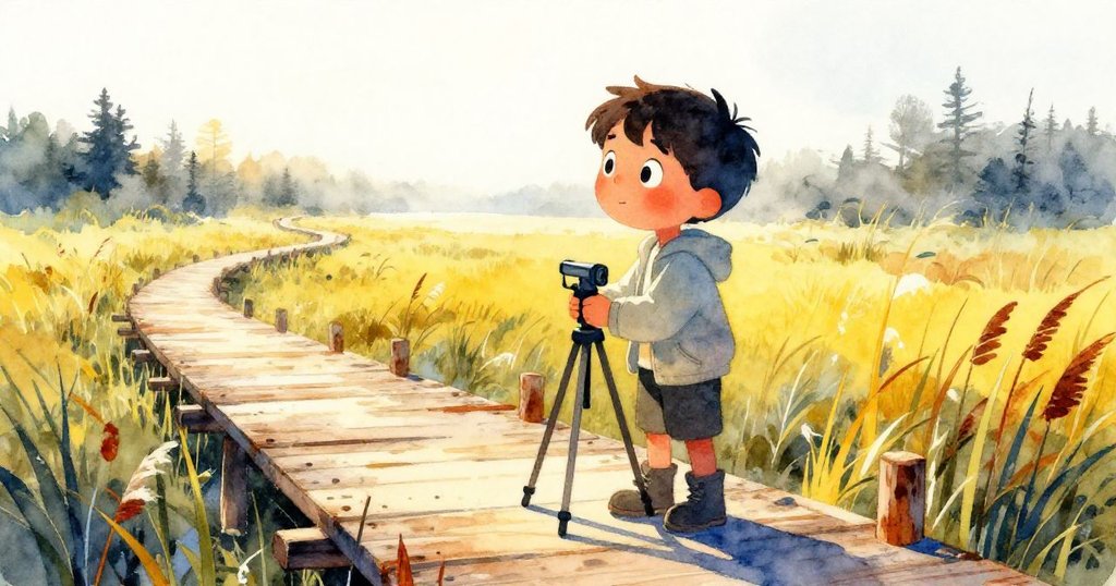 伊萊斯正仔細調整三腳架，低矮步道映出廣闊空間，他滿懷專注與期待，觀察晨間蘆葦與霧氣。