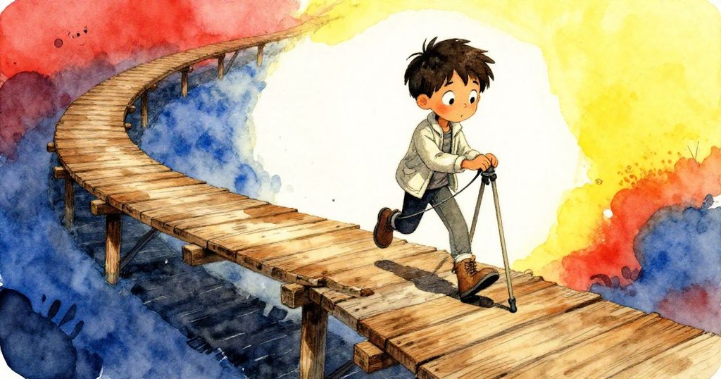 伊萊斯在扭曲不穩的木板上保持平衡，調整三腳架，木板因濕潤扭曲顯現細節，他表情專注且略帶緊張。