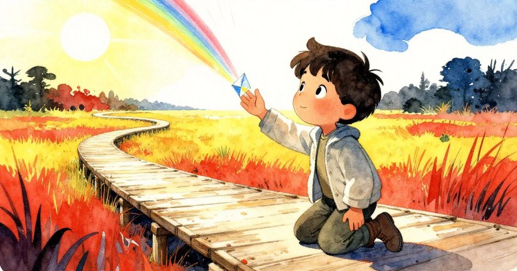 陽光透過濕潤環境，伊萊斯彎腰拾起閃爍光芒的玻璃稜鏡，神情充滿驚奇與專注，周圍蘆葦輕搖。