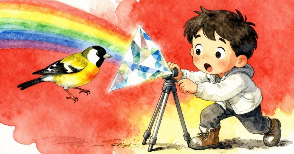 伊萊斯驚愕間握著玻璃稜鏡，攝影機輕偏，一隻金翅雀躍近繽紛光芒映照，瞬間充滿奇妙動感。