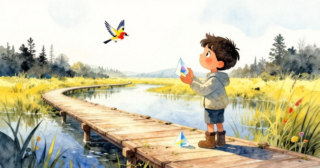 步道恢復平靜，伊萊斯靜立收好玻璃稜鏡，金翅雀飛離，水面映出晨光與環境和諧相融。