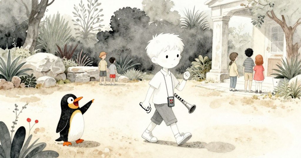 Rowan在乾燥庭院中步行,手持錄音機,嬉笑孩童指著木製企鵝,場景充滿溫暖日光與寧靜心情。