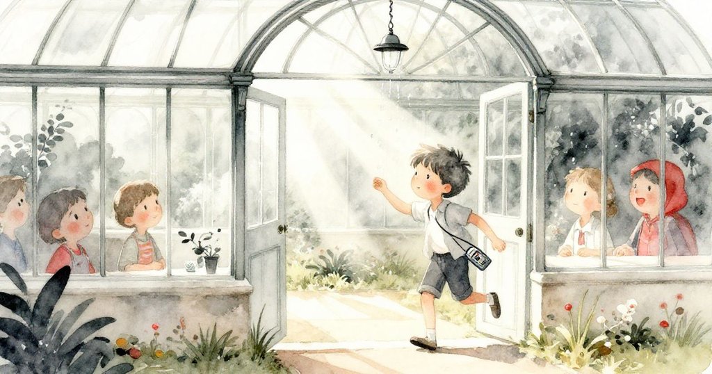 Rowan躍入玻璃溫室,噴霧器噴出陽光下閃爍水珠,空氣中瀰漫溫暖濕潤的光影。