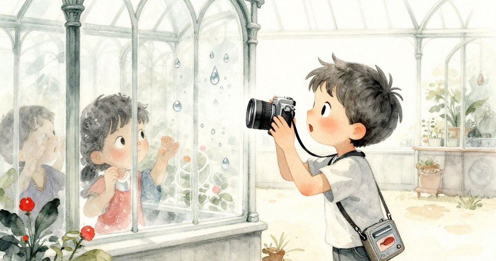 Rowan舉起小相機拍攝跳動水珠,專注凝視玻璃上濕潤光影,臉上流露出驚奇與期待。