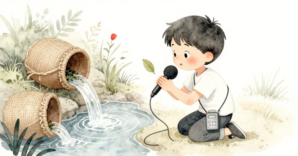 Rowan跪在水流旁,用麥克風錄製落葉輕敲聲,專心捕捉玻璃溫室內自然音律與細膩流水。