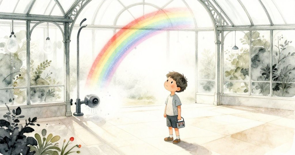 Rowan站在靜謐瓷磚上,水珠凝結成淡彩虹,臉上滿足神情映出陽光餘暉與自然寧靜。