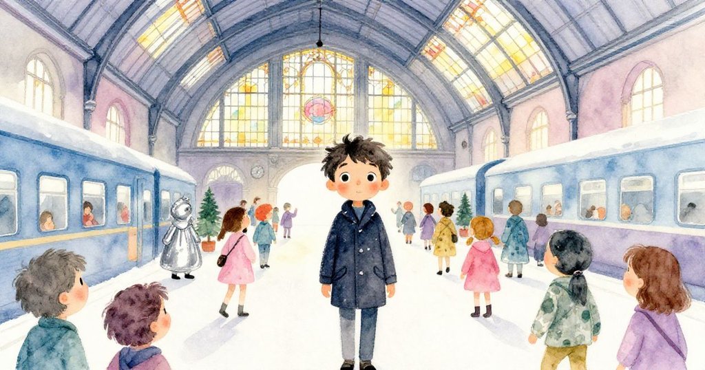 喬納斯走進熙攘車站大廳，暖光與彩繪玻璃交織映出人潮奔波，他臉上流露期待與專注。