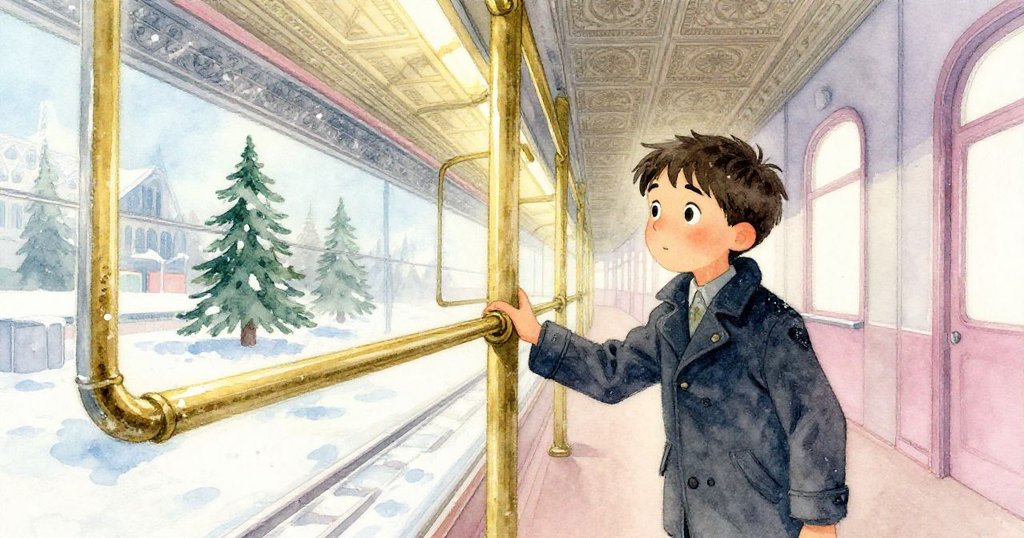 喬納斯細看陳舊銅軌與精緻瓷磚，溫暖光影襯出歷史痕跡，他流露出驚嘆與敬仰。