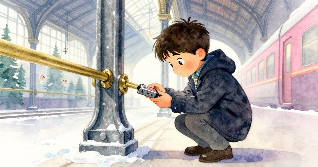 喬納斯蹲在鐵柱旁，專注地將錄音器夾在銅軌上，臉上充滿決心與專注，背景呈現歷史氣息。