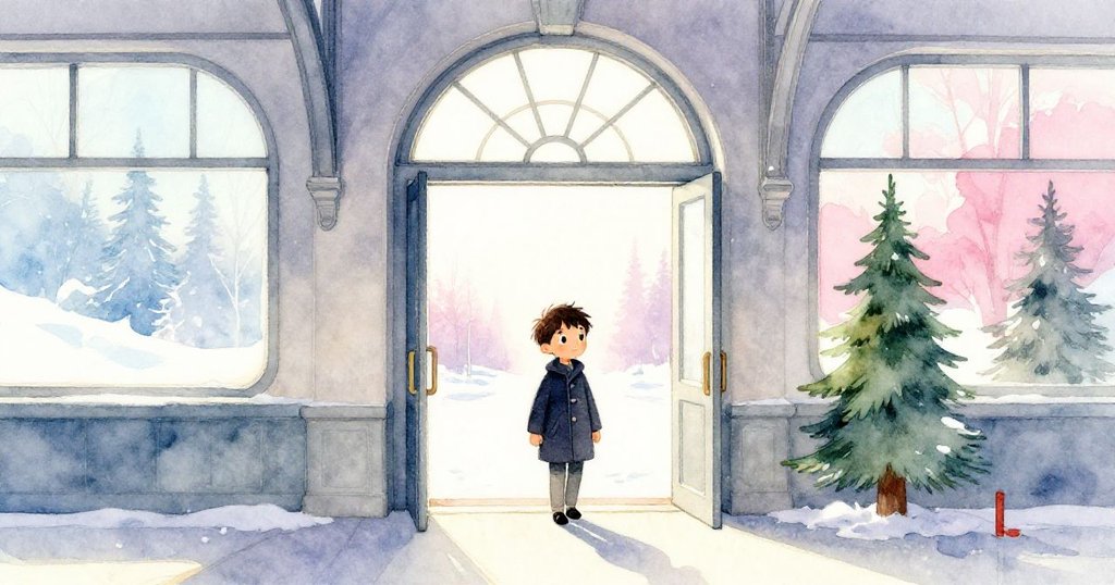 喬納斯走出拱形車站門，迎向明亮陽光，表情平靜滿足，背景融合歷史與現代氣息。