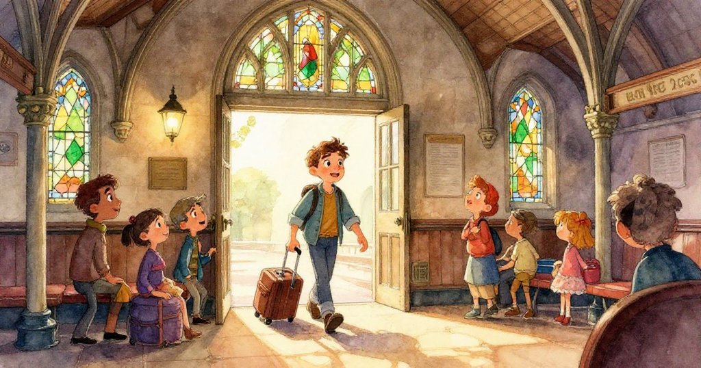 瞬間凍結中，瓷磚自天而降，乘客紛紛驚愕停步，喬納斯注意到腳邊落下的瓷磚，場面充滿戲劇張力。