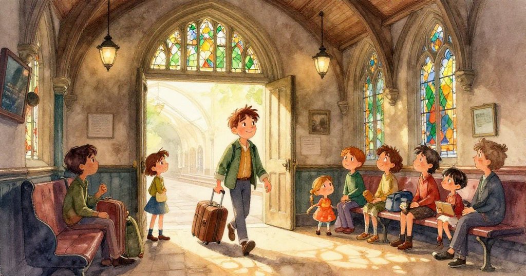 瓷磚靜置於大理石長椅上，細膩光澤映照音波象徵中午鐘聲，營造出詩意且寧靜的歷史交融。