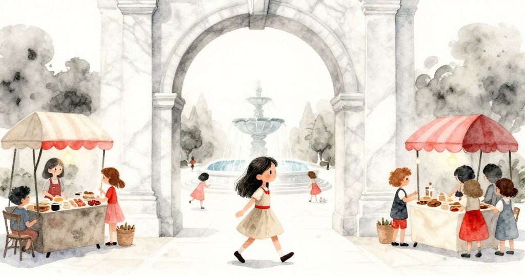 米拉跨過大理石拱門進入廣場,神情興奮,環境中有噴泉與商販,展開新奇的冒險開場。