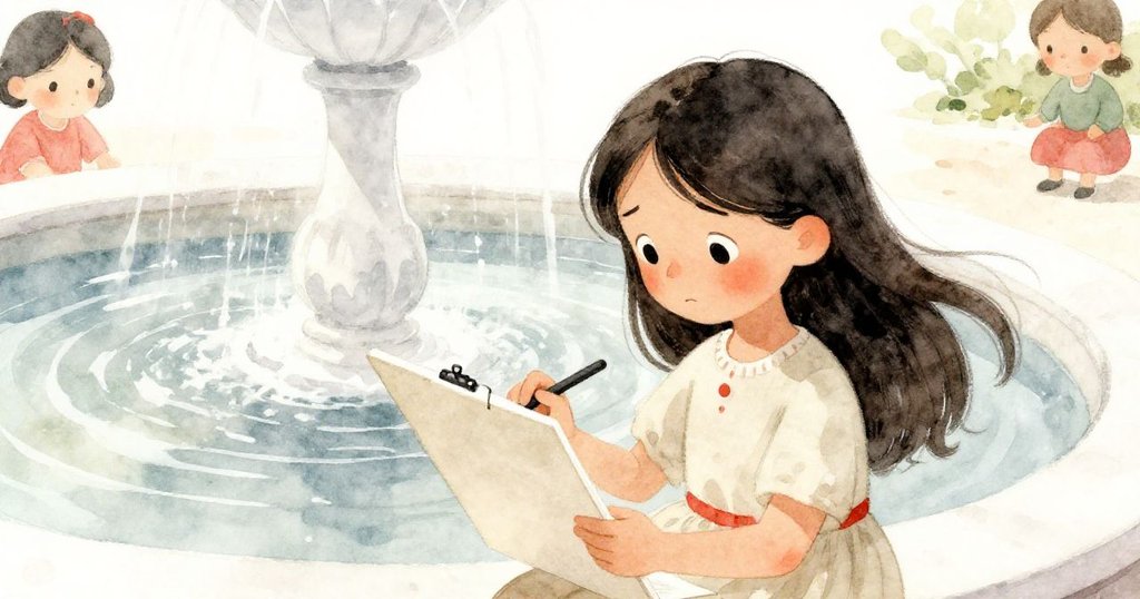 米拉在噴泉邊放置畫板,面部專注帶點憂慮,微風吹拂紙角,展現動態與細膩情感。