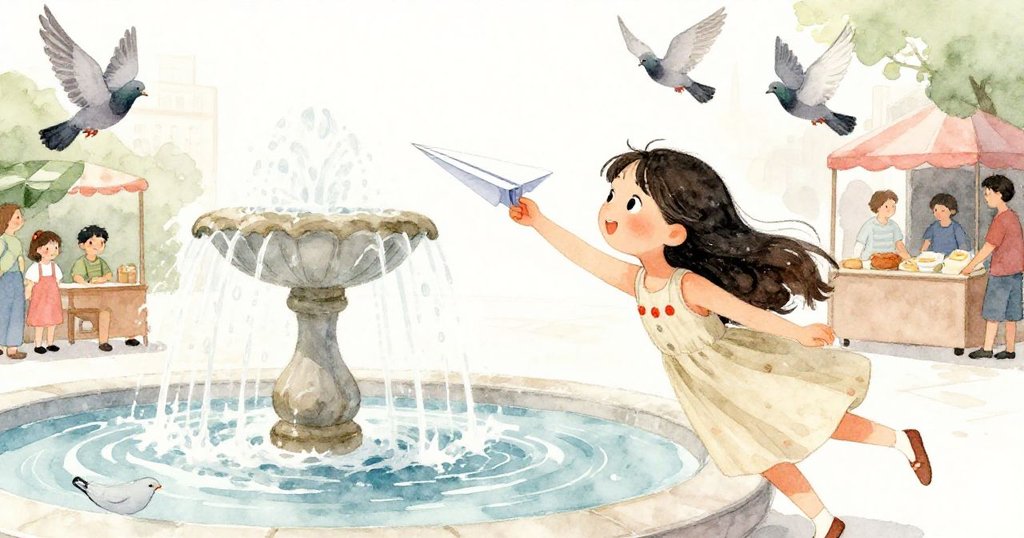 米拉注視著紙飛機在噴泉水霧中優雅飛舞,鴿子和商販環繞,畫面層次豐富展現動感。