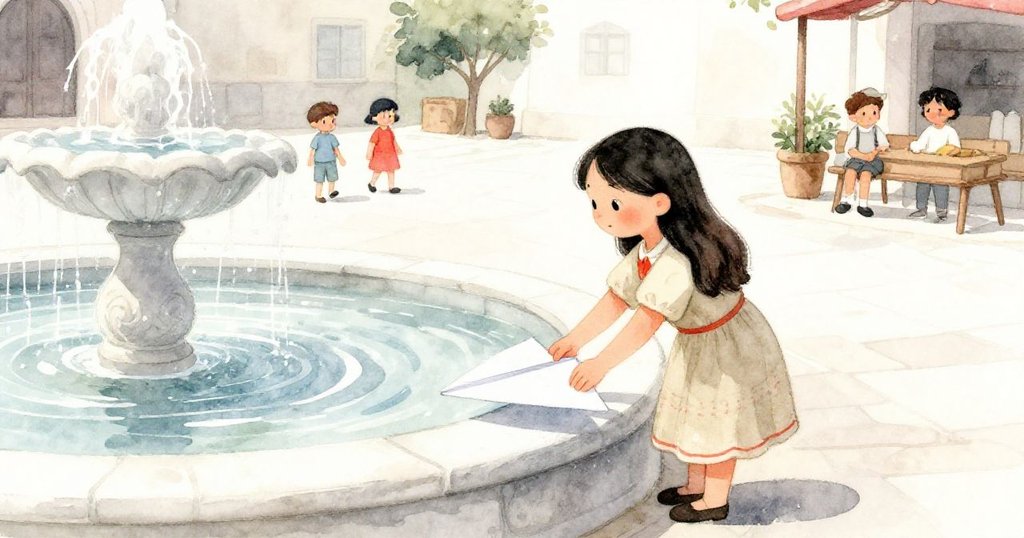 商販輕柔將濕潤的紙飛機放回噴泉邊,廣場恢復平靜,陽光下水珠閃爍,呈現過渡與和諧。